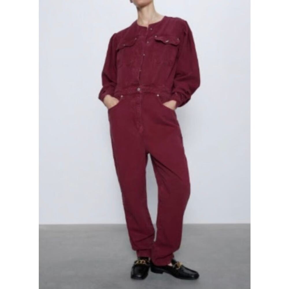 Zara The 80s Collection Devon Denim Wine Utility Jumpsuit size XS